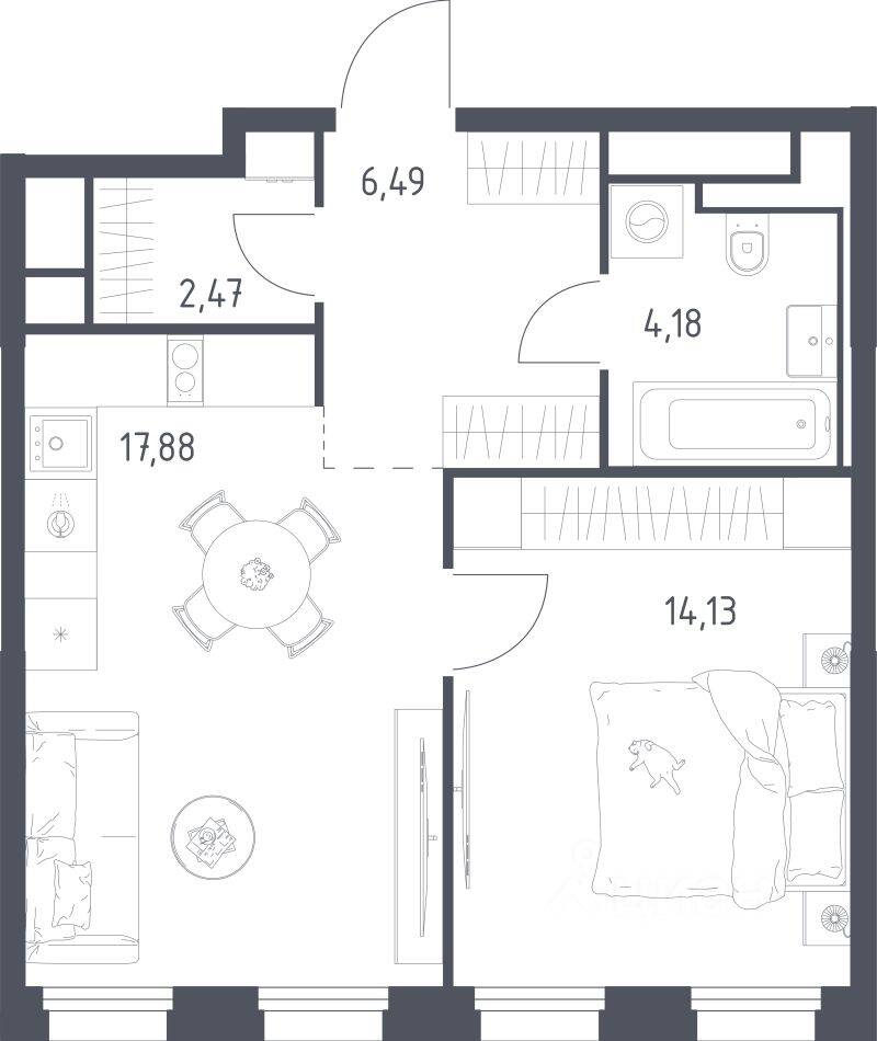 1-комн. квартира, 45,15 м², в ЖК Квартал на воде