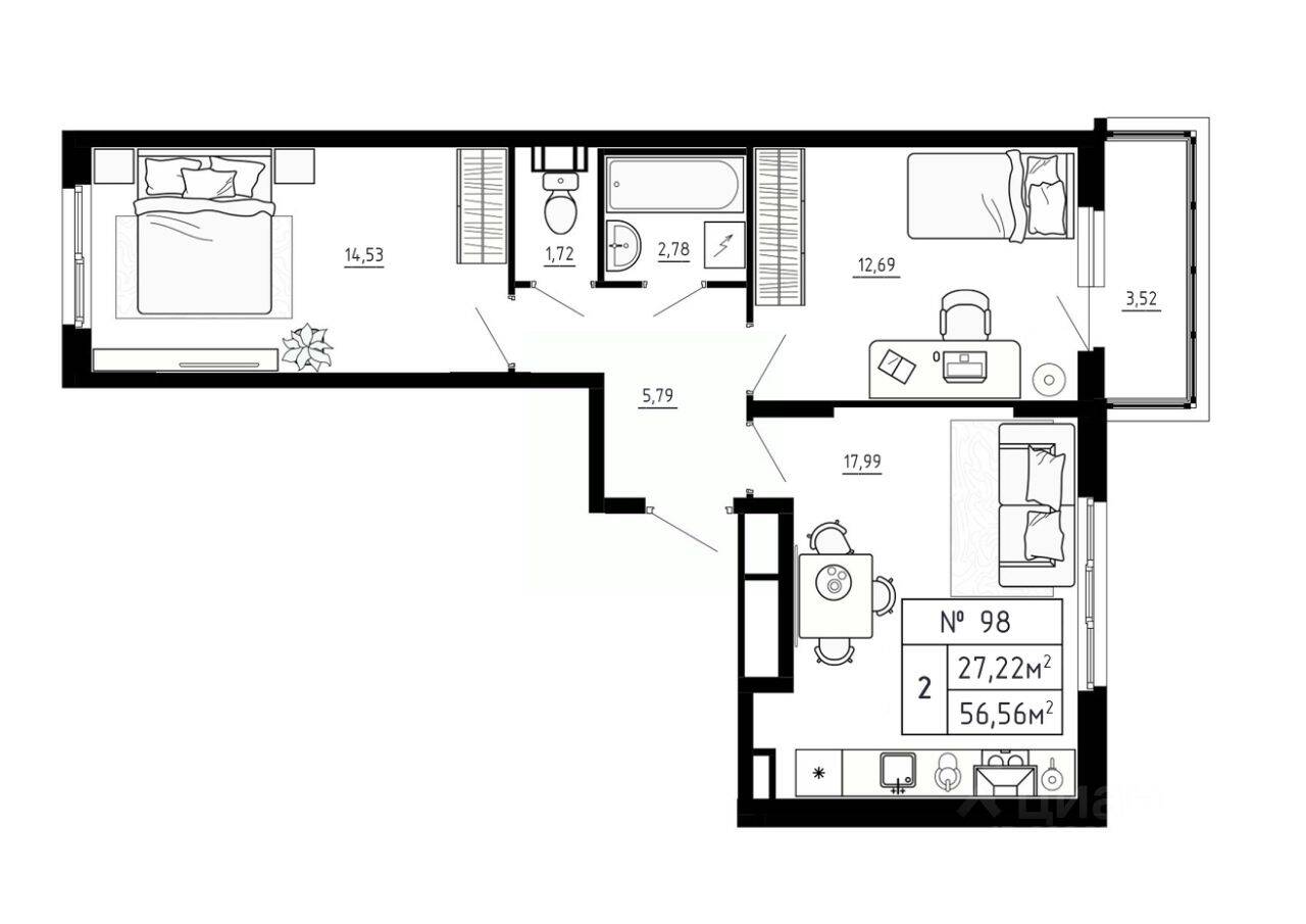 2-комн. квартира, 56,56 м², в Малоэтажный ЖК Аннино Сити