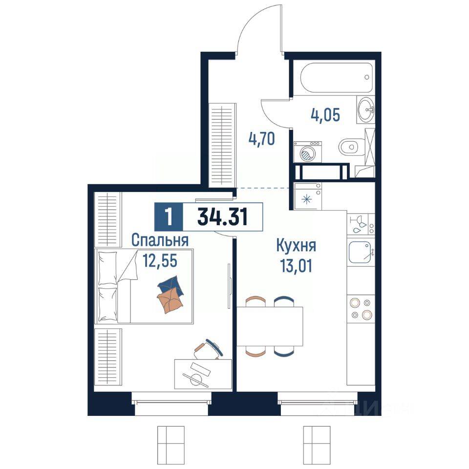 1-комн. квартира, 34,31 м², в ЖК Максималист