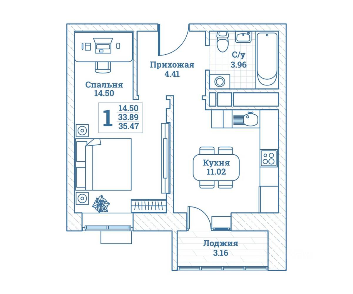 1-комн. квартира, 35,47 м², в ЖК Новоград Монино