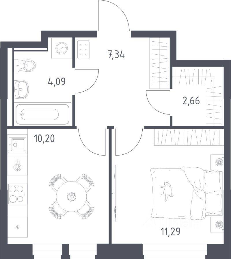 Планировка 1 комнатной квартиры, 35.58 м², в «Квартал Ивакино»