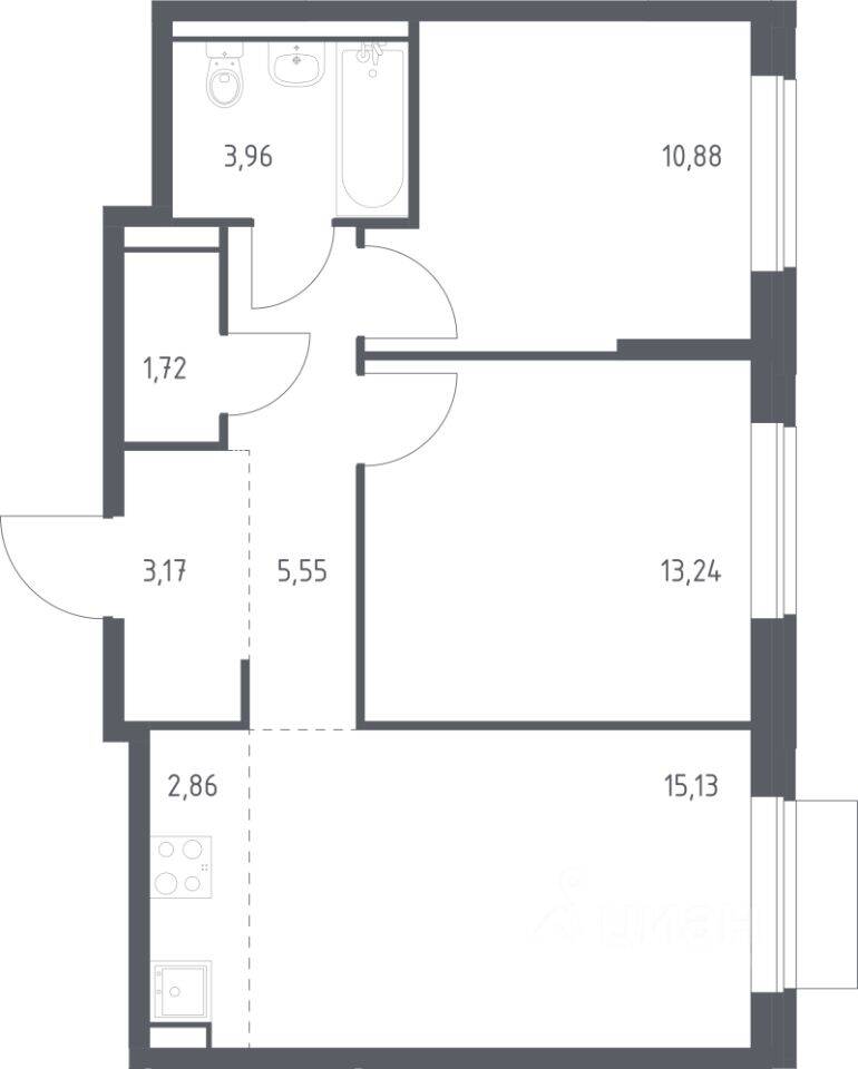 2-комн. квартира, 56,51 м², в ЖК Молжаниново