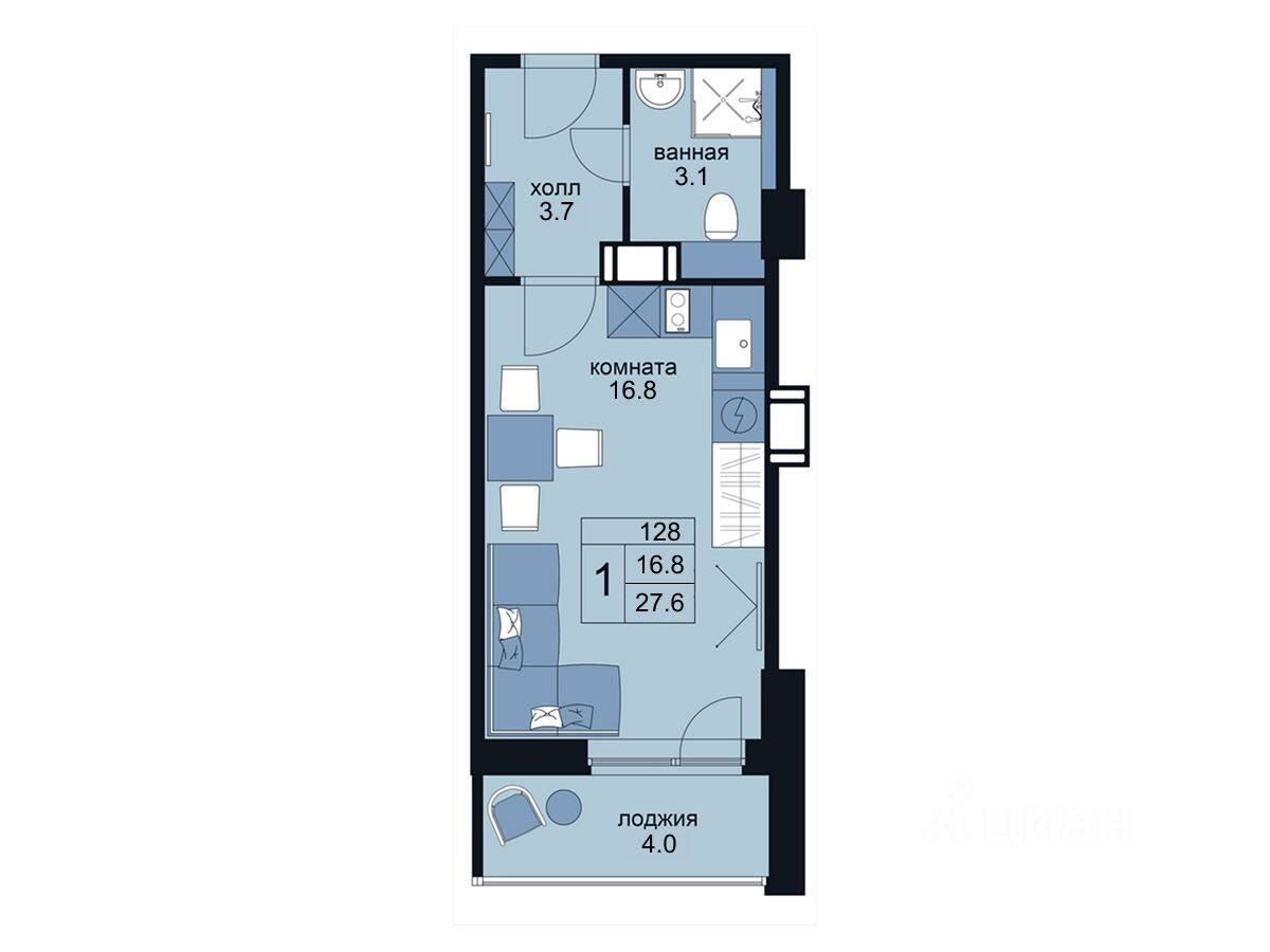Планировка 1 комнатной квартиры, 27.6 м², в «WINGS апартаменты на Крыленко»