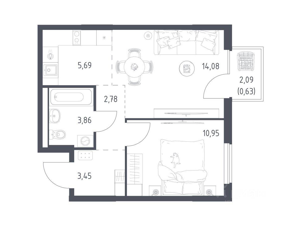 1-комн. квартира, 41,44 м², в ЖК Горки Парк