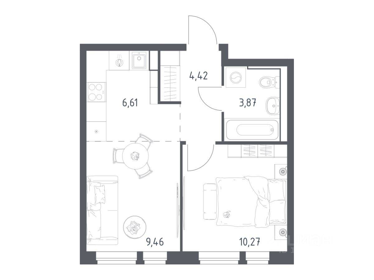 1-комн. квартира, 34,63 м², в ЖК Квартал Авиаторов