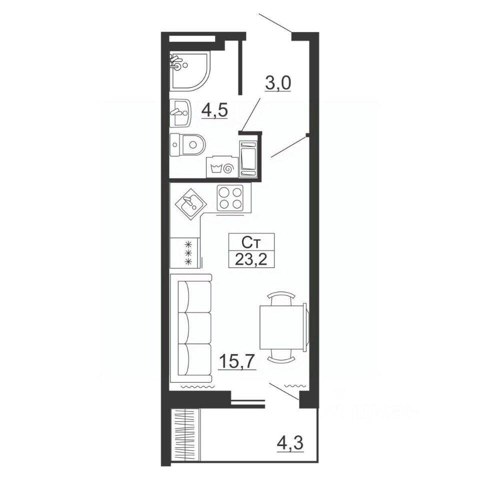 Планировка 1 комнатной квартиры, 23.2 м², в «Рубеж»