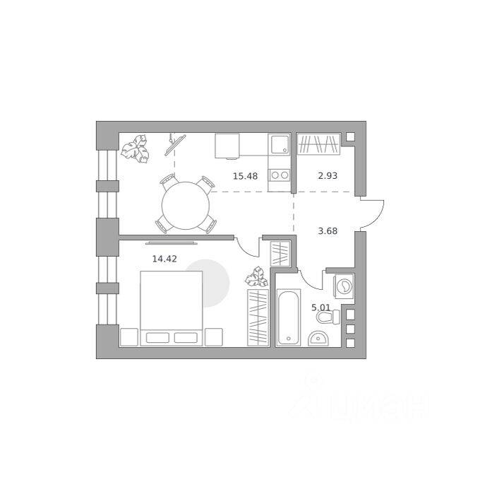 Планировка 1 комнатной квартиры, 41.52 м², в «Павелецкая от Гранель»