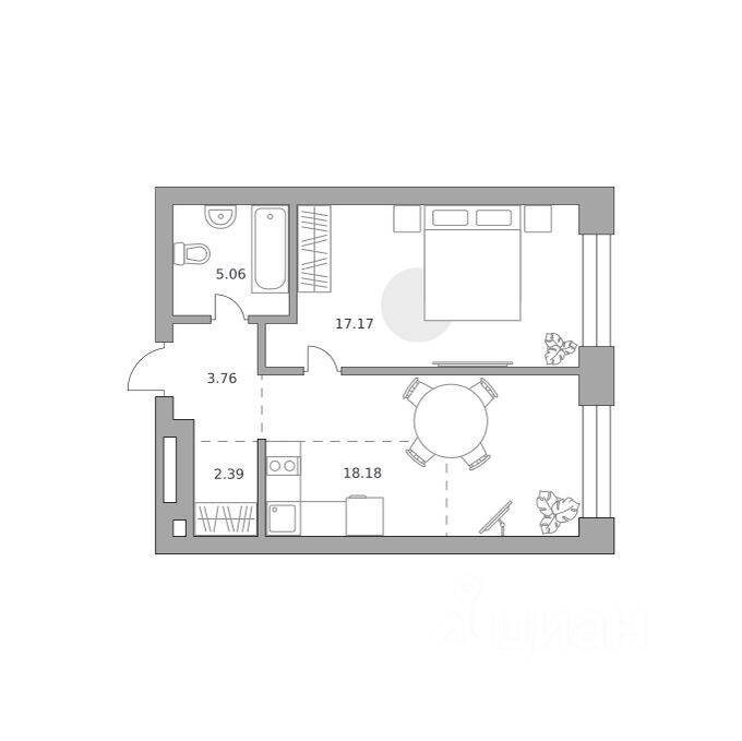 Планировка 1 комнатной квартиры, 46.56 м², в «Павелецкая от Гранель»