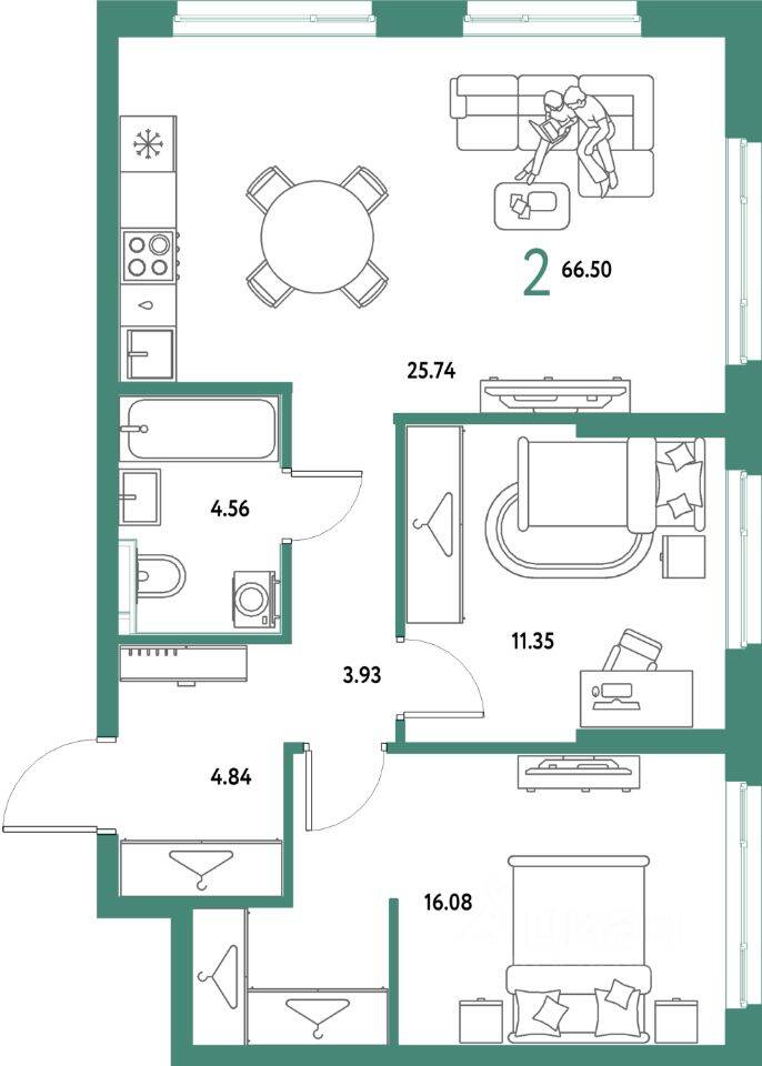 2-комн. квартира, 66,5 м², в ЖК Страна.Парковая