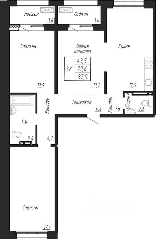 3-комн. квартира, 87 м², в ЖК Сибирь