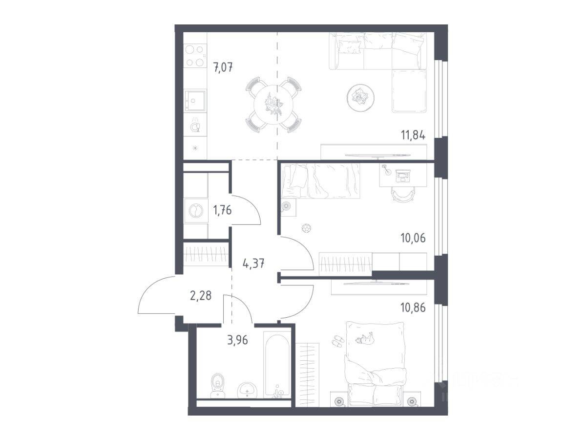 2-комн. квартира, 52,2 м², в ЖК «Пригород Лесное»