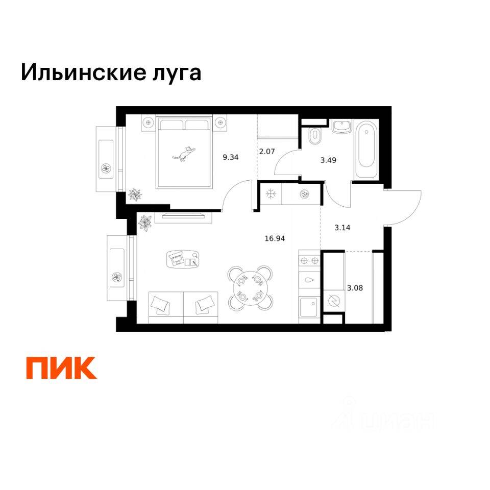 1-комн. квартира, 38,06 м², в ЖК «Ильинские луга»