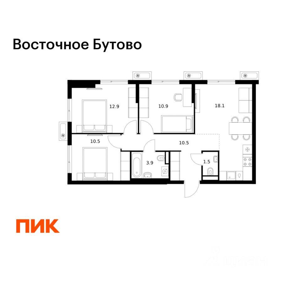 3-комн. квартира, 68,3 м², в ЖК «Восточное Бутово»