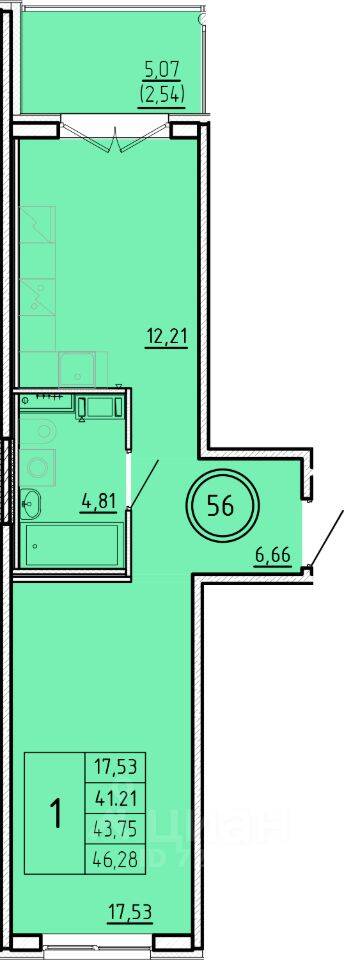 1-комн. квартира, 41,21 м², в Малоэтажный ЖК Образцовый квартал 16