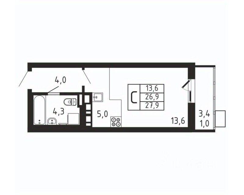 Квартира-студия, 27,9 м², в ЖК «Пироговская Ривьера»