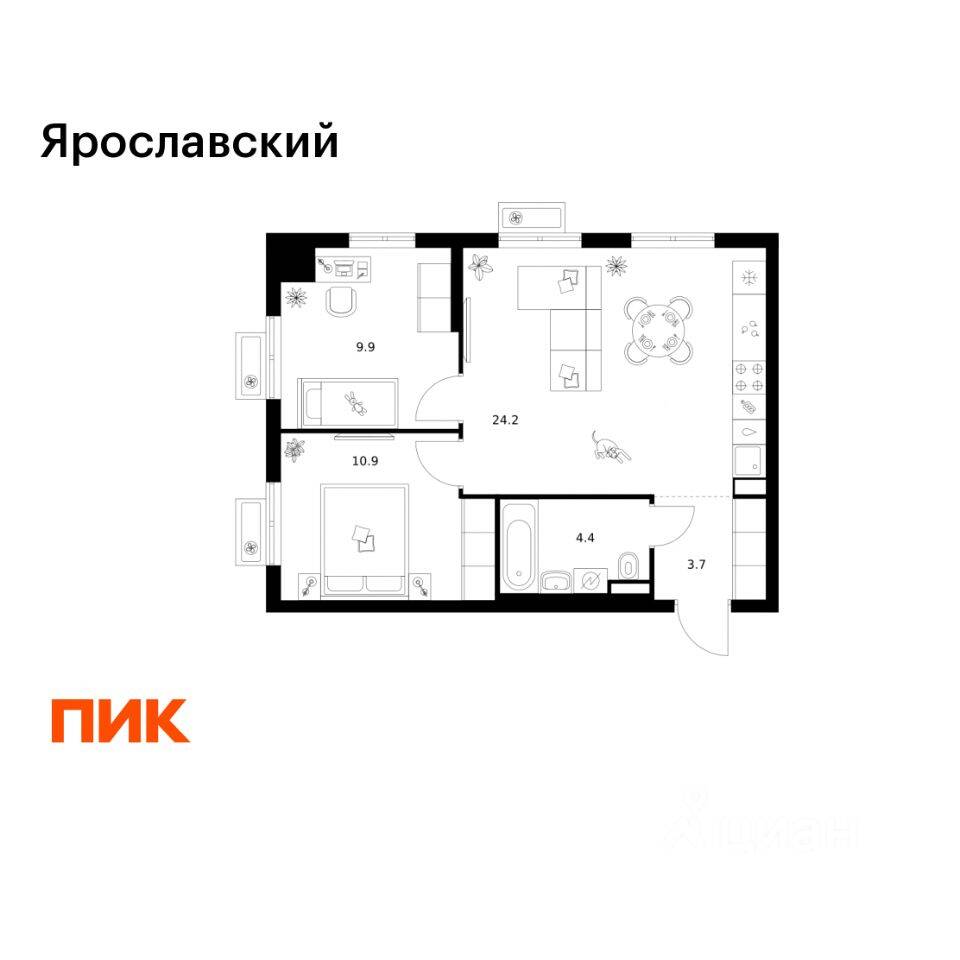 2-комн. квартира, 53,1 м², в ЖК «Ярославский»