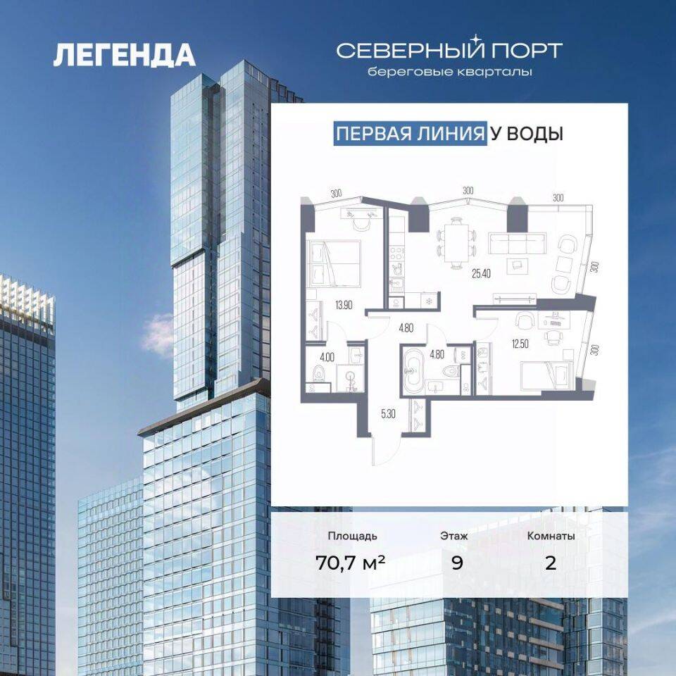 Планировка 2 комнатной квартиры, 70.7 м², в «Северный Порт»