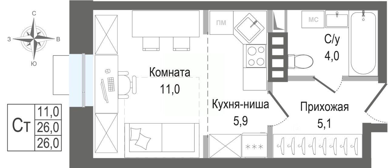 Планировка 1 комнатной квартиры, 26 м², в «Киноквартал»