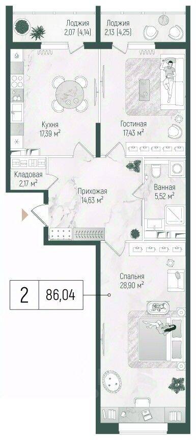 2-комн. квартира, 90,24 м², в ЖК Riga Hills