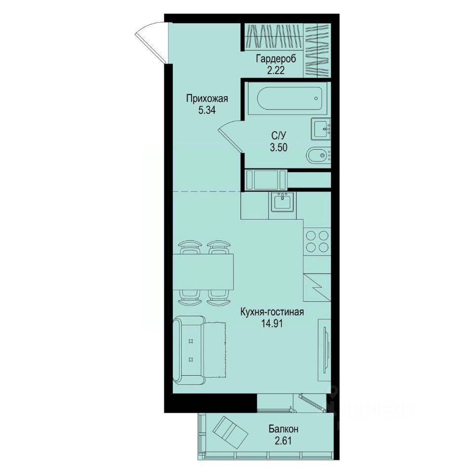 Квартира-студия, 26,75 м², в ЖК ID Kudrovo II