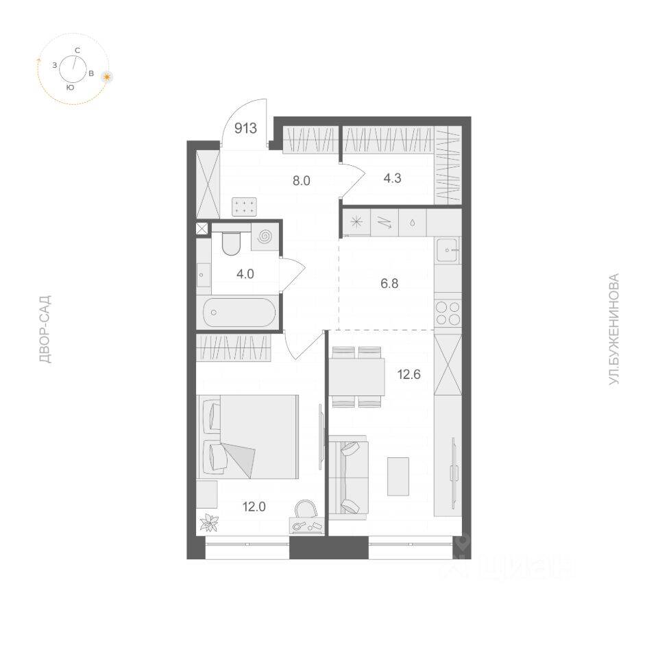 Планировка 1 комнатной квартиры, 47.7 м², в «ARTEL»