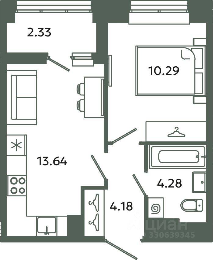 1-комн. квартира, 32,39 м², в ЖК Загляденье