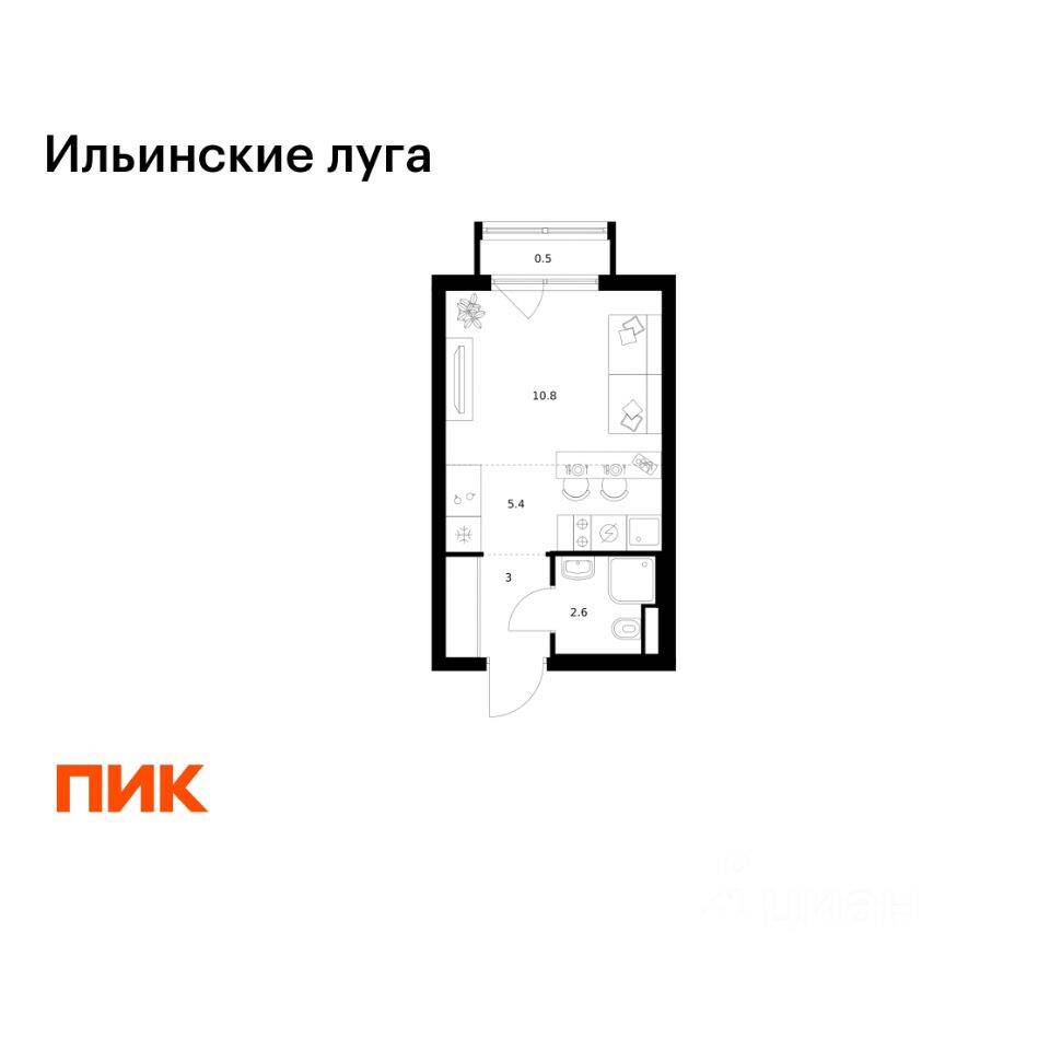 Планировка 1 комнатной квартиры, 22.3 м², в «Ильинские луга»