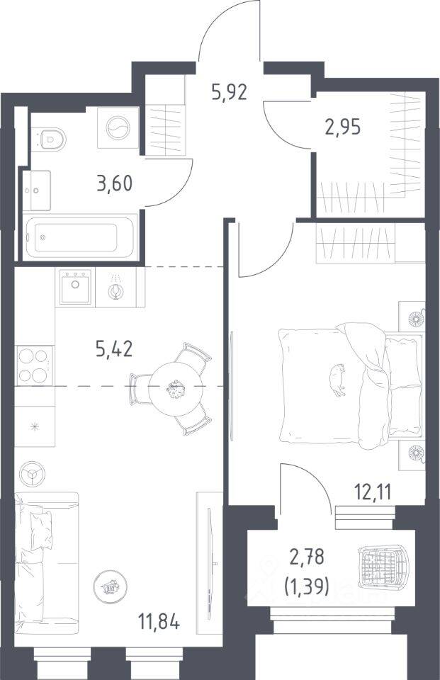 1-комн. квартира, 43,23 м², в ЖК Заречье Парк