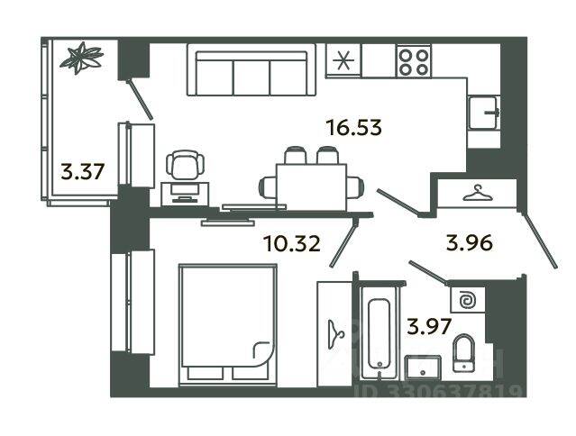1-комн. квартира, 34,78 м², в ЖК Загляденье