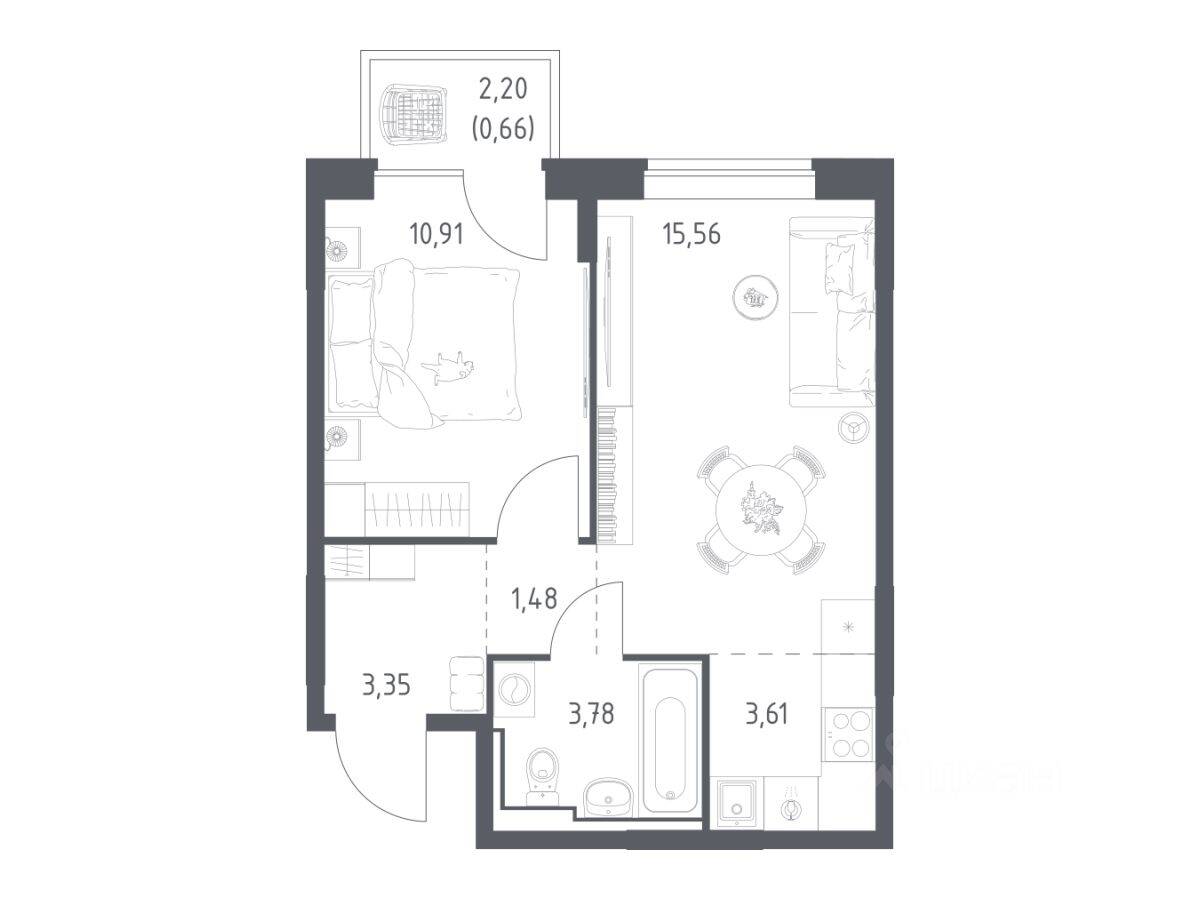 1-комн. квартира, 39,35 м², в ЖК Богдановский Лес