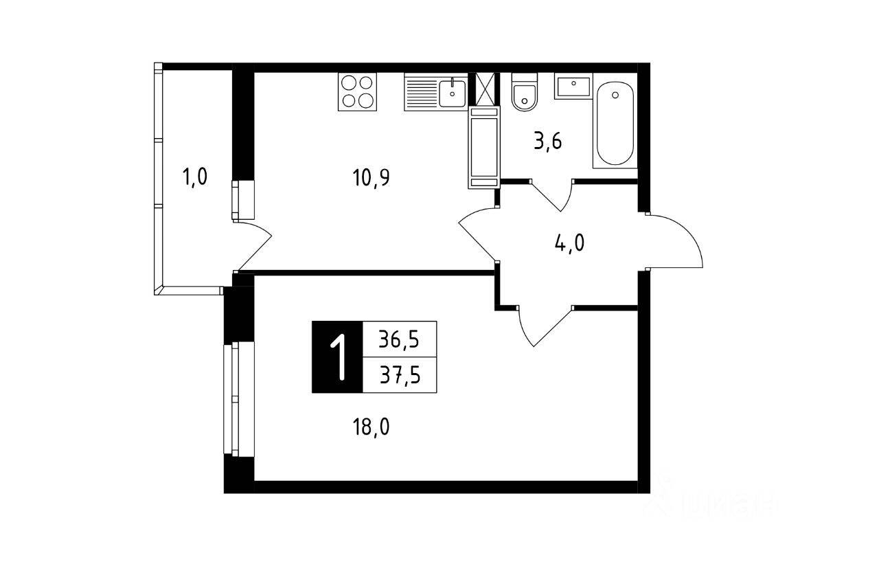 1-комн. квартира, 37,5 м², в ЖК Красная горка