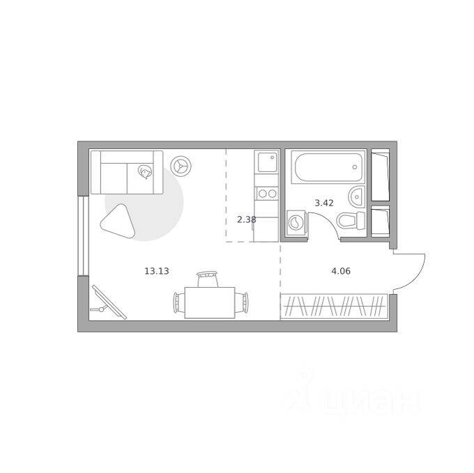 Планировка 1 комнатной квартиры, 22.99 м², в «Аникеевский»