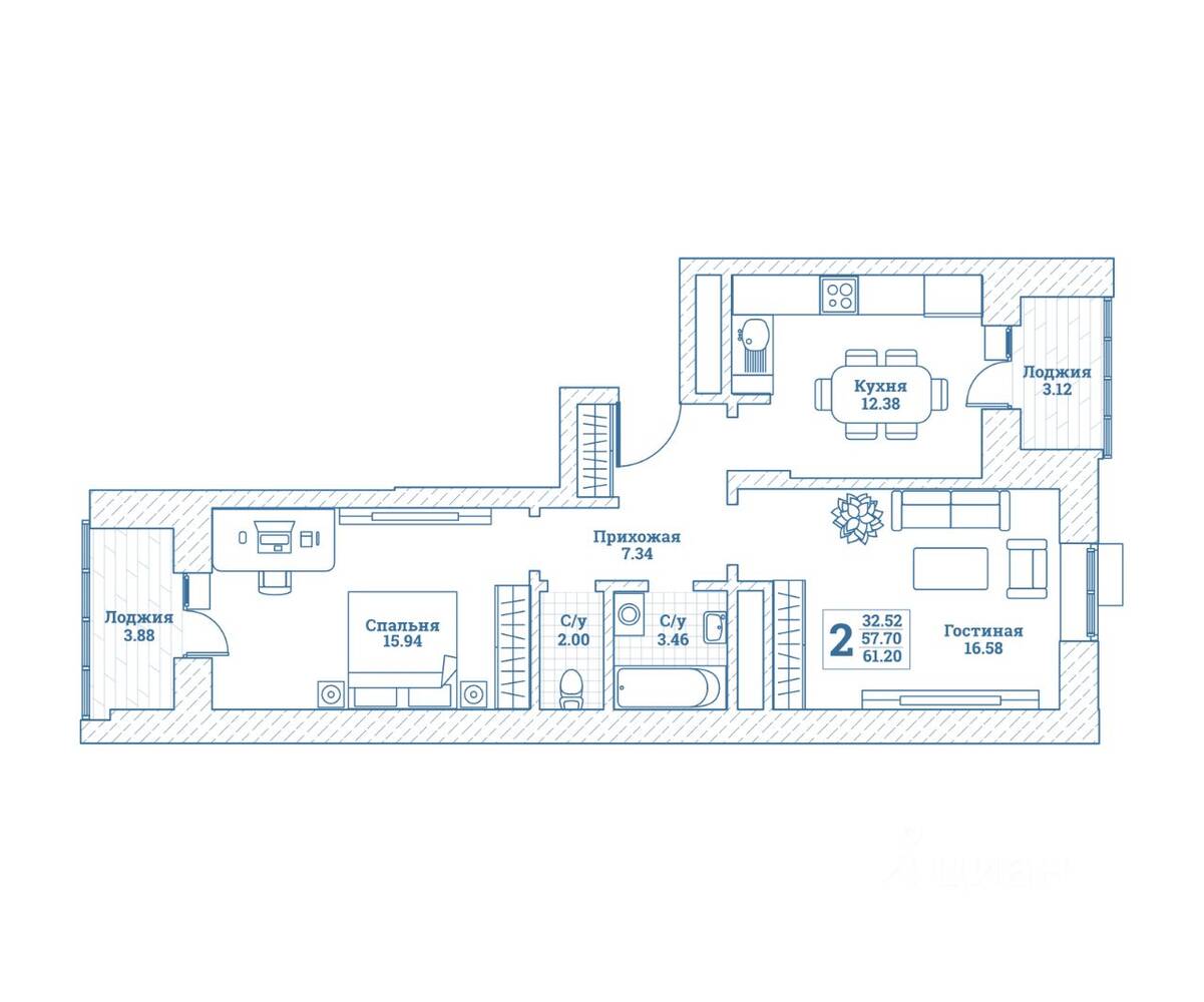 2-комн. квартира, 61,6 м², в ЖК Новоград Монино