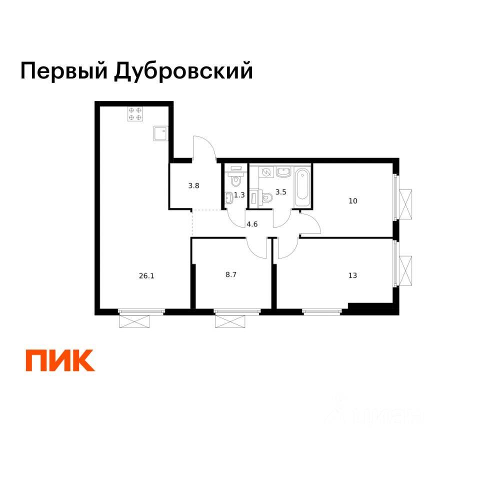 3-комн. квартира, 71 м², в ЖК Первый Дубровский
