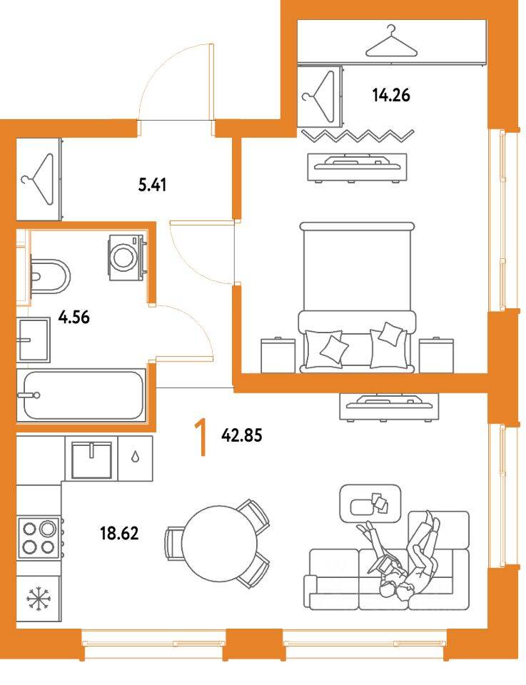 1-комн. квартира, 42,85 м², в ЖК Страна.Парковая