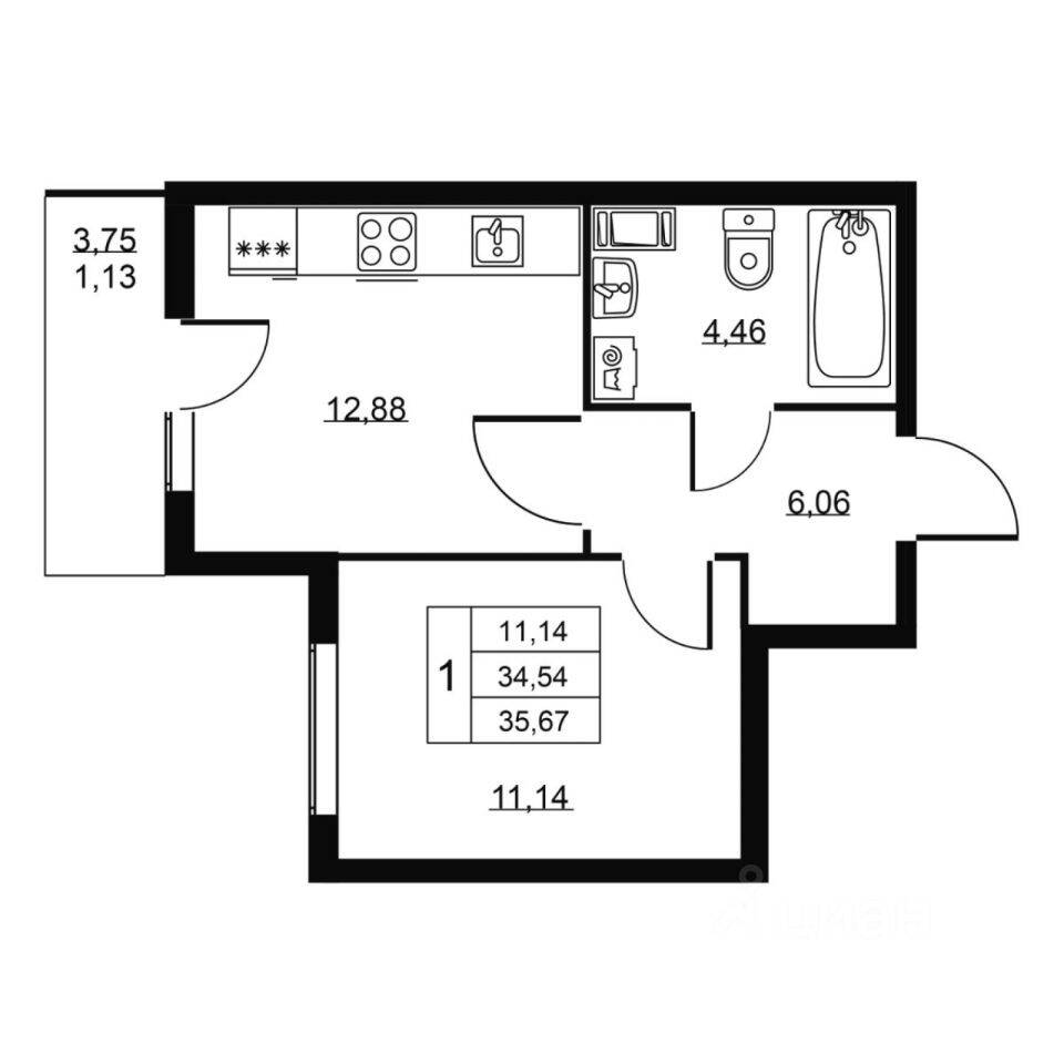 1-комн. квартира, 35,67 м², в ЖК Перспектива