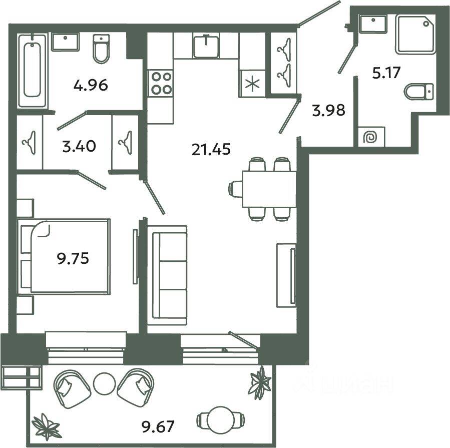 1-комн. квартира, 48,71 м², в ЖК Загляденье