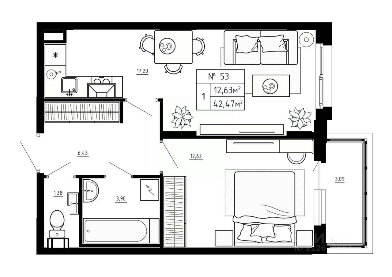 1-комн. квартира, 42,47 м², в Малоэтажный ЖК Аннино Сити