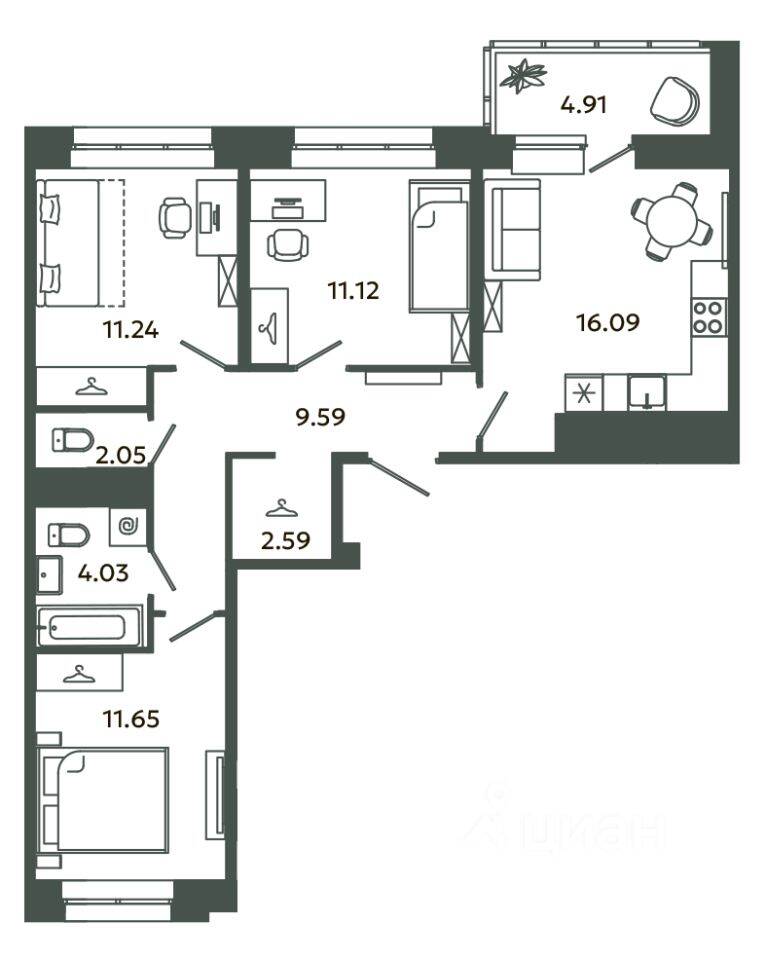 3-комн. квартира, 70,92 м², в ЖК Загляденье