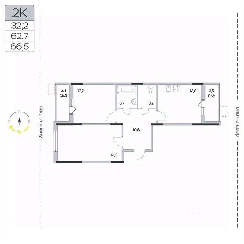 2-комн. квартира, 66,5 м², в ЖК «Пироговская Ривьера»