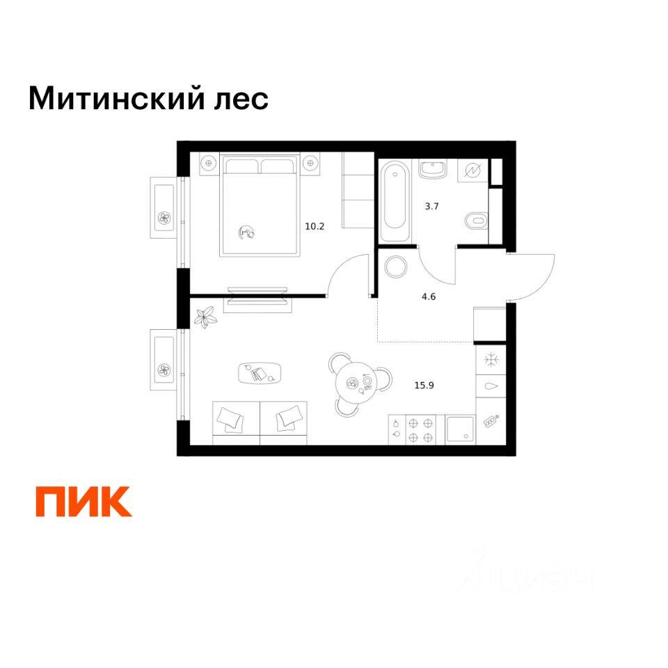 1-комн. квартира, 34,4 м², в ЖК Митинский лес
