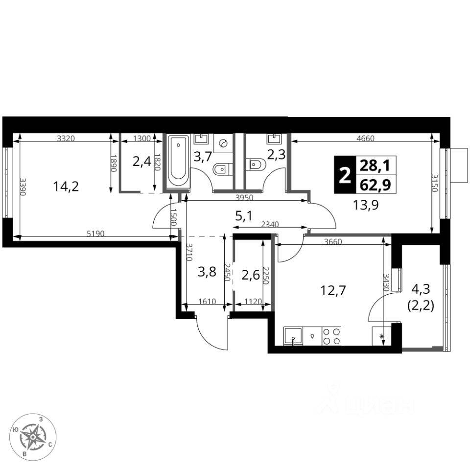 2-комн. квартира, 62,9 м², в ЖК 1-й Ясеневский