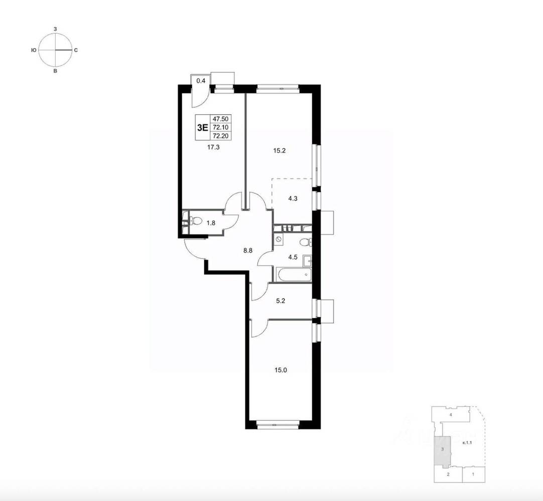 Планировка 3 комнатной квартиры, 72.2 м², в «Легенда Марусино»