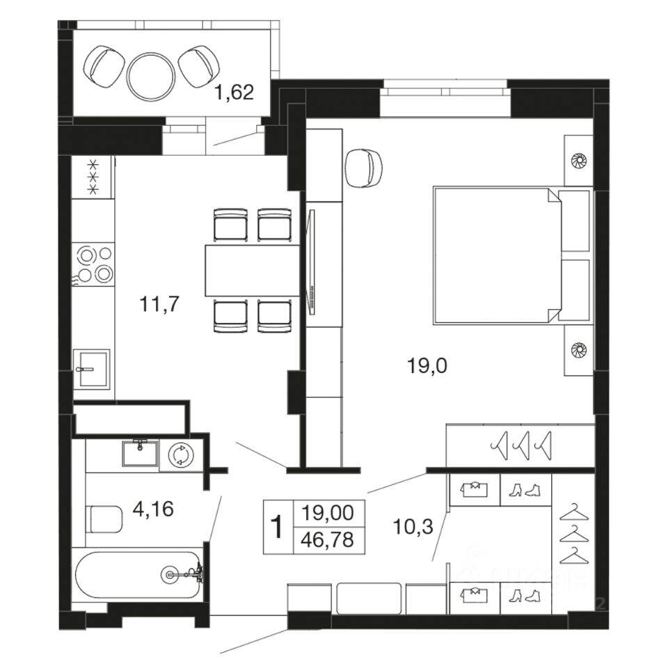 1-комн. квартира, 46,8 м², в ЖК «Времена года»