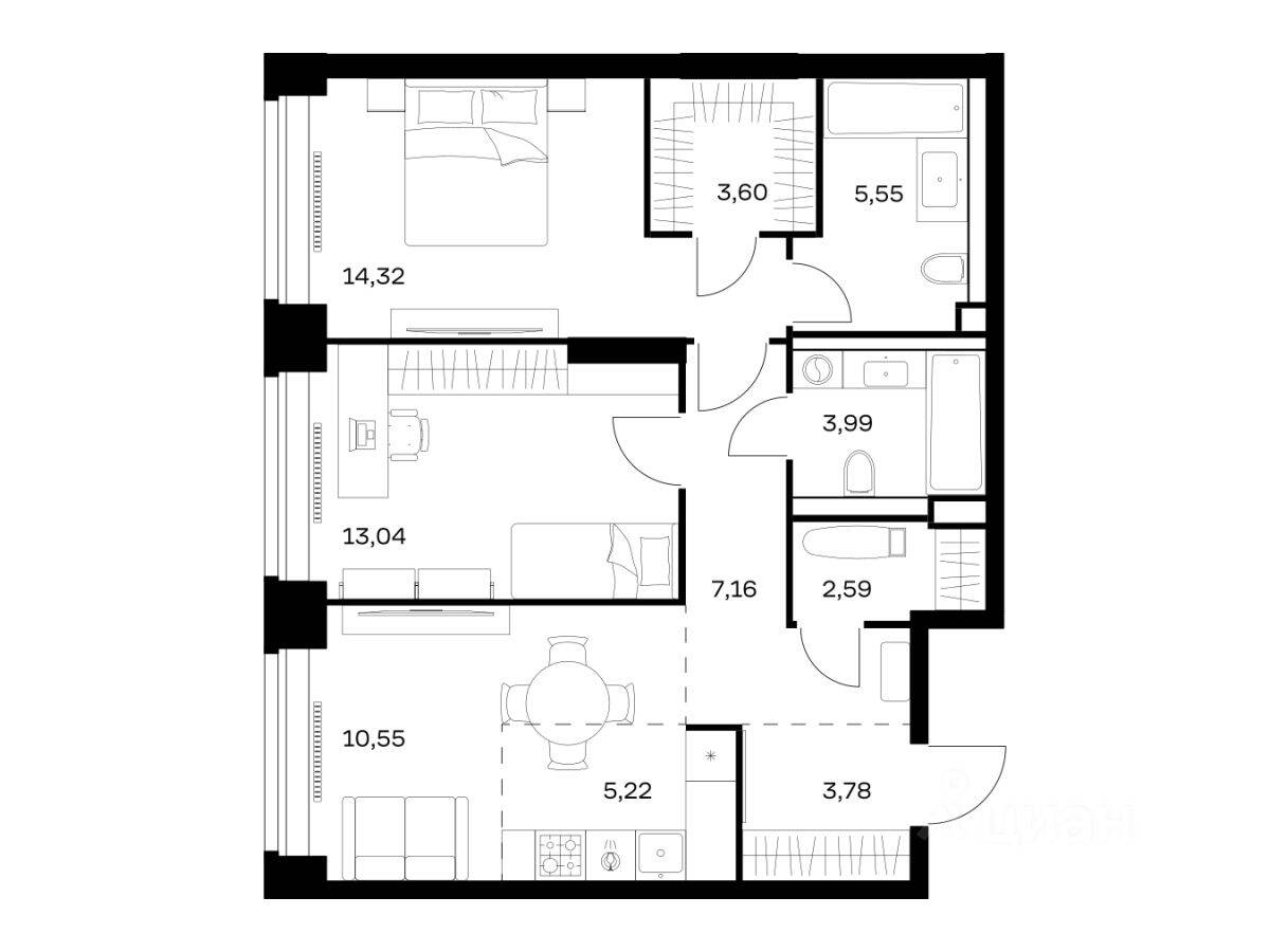 2-комн. квартира, 69,8 м², в ЖК Nova
