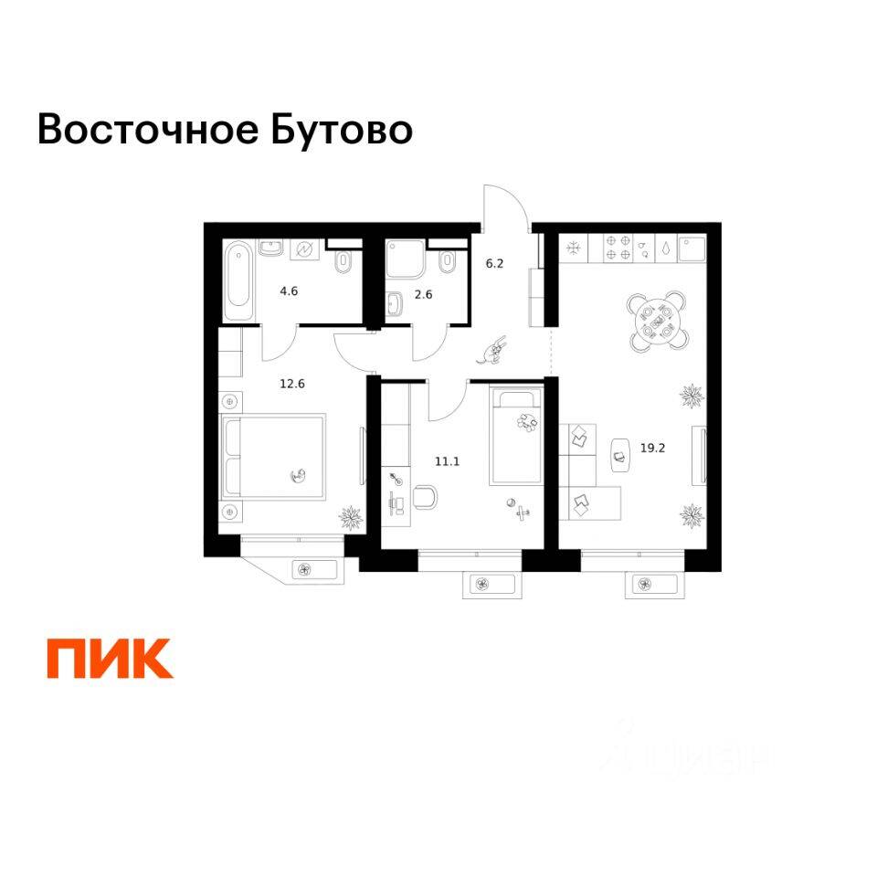 2-комн. квартира, 56,3 м², в ЖК «Восточное Бутово»
