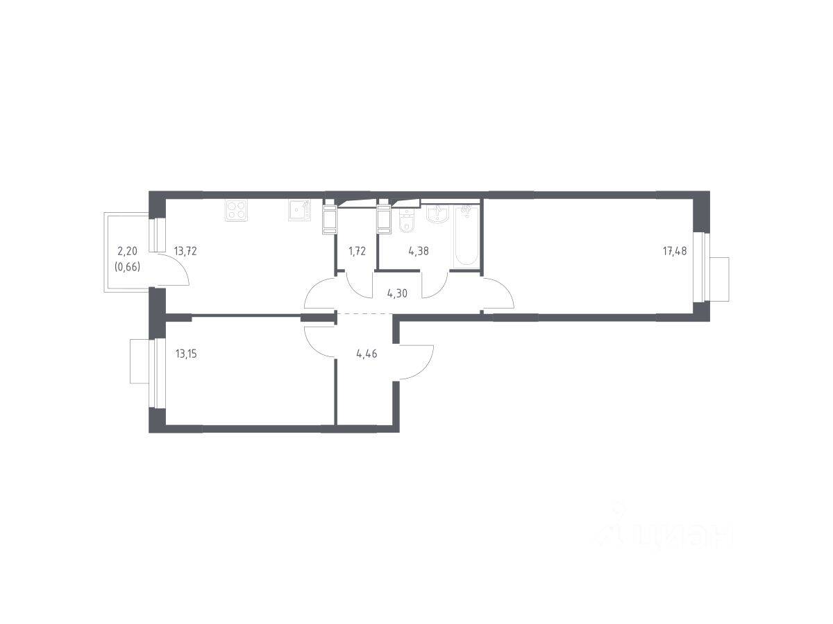 2-комн. квартира, 59,87 м², в ЖК Пятницкие Луга
