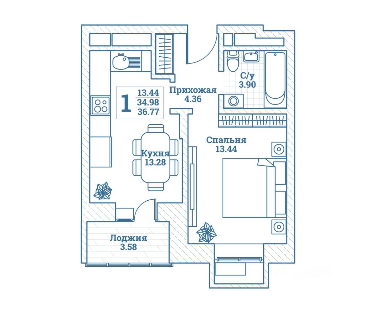 1-комн. квартира, 36,77 м², в ЖК Новоград Монино