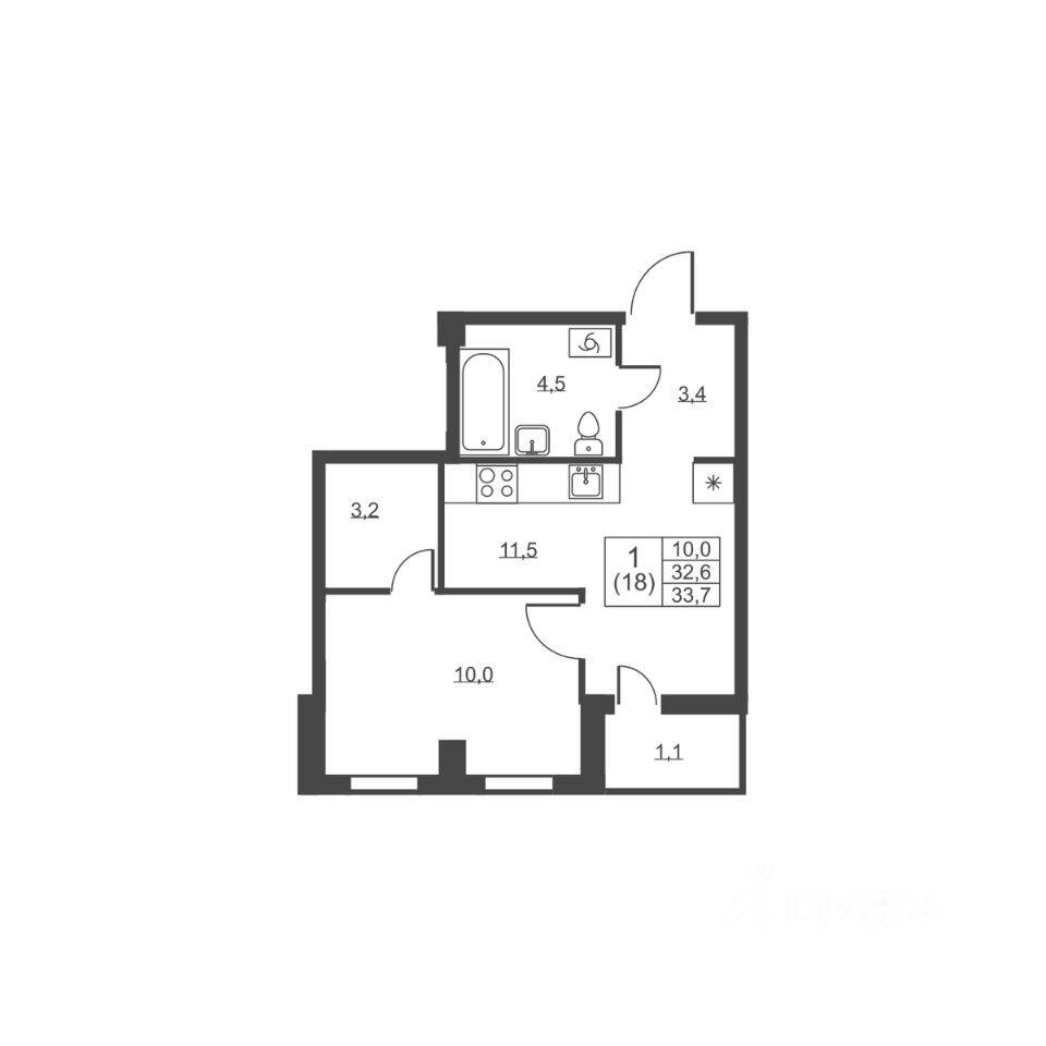 1-комн. квартира, 33,7 м², в ЖК Ермак
