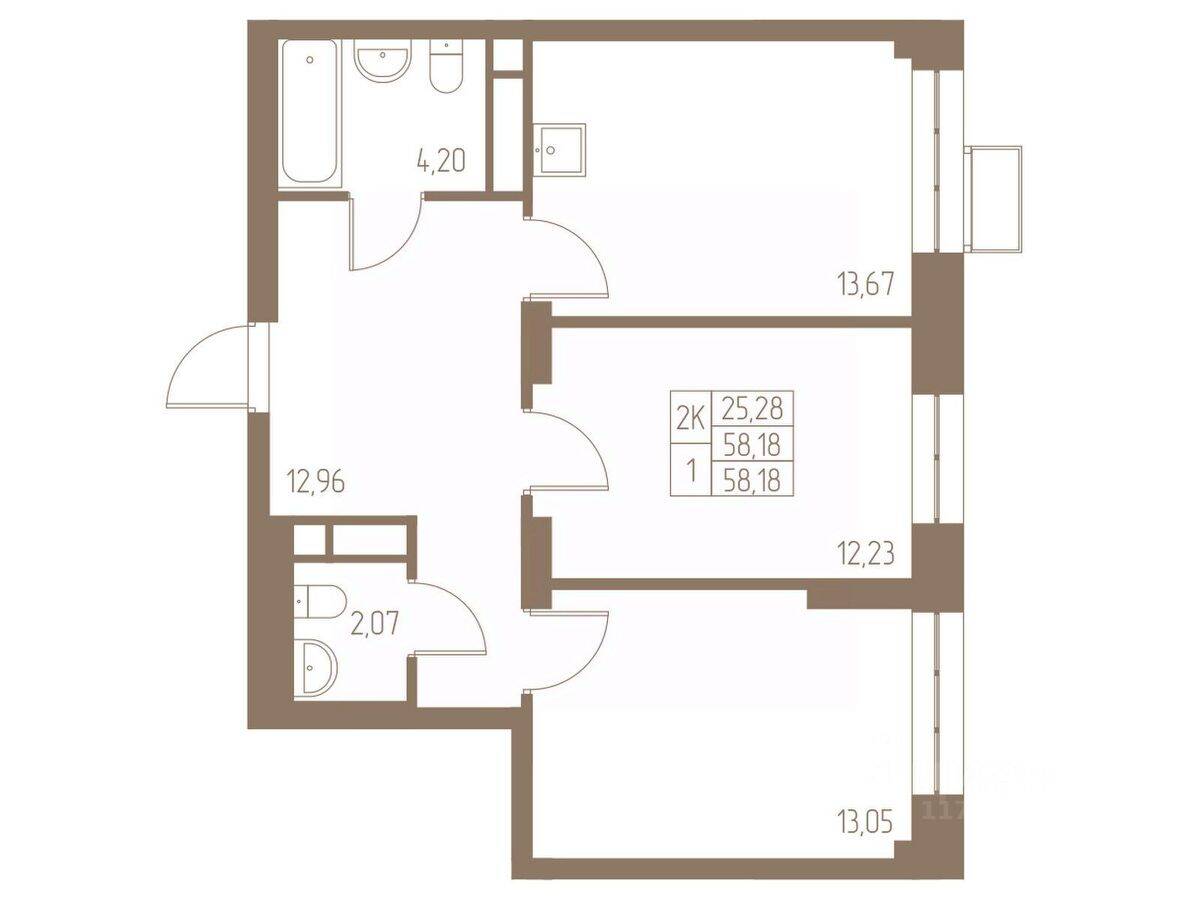 2-комн. квартира, 58,18 м², в ЖК Фабрикант